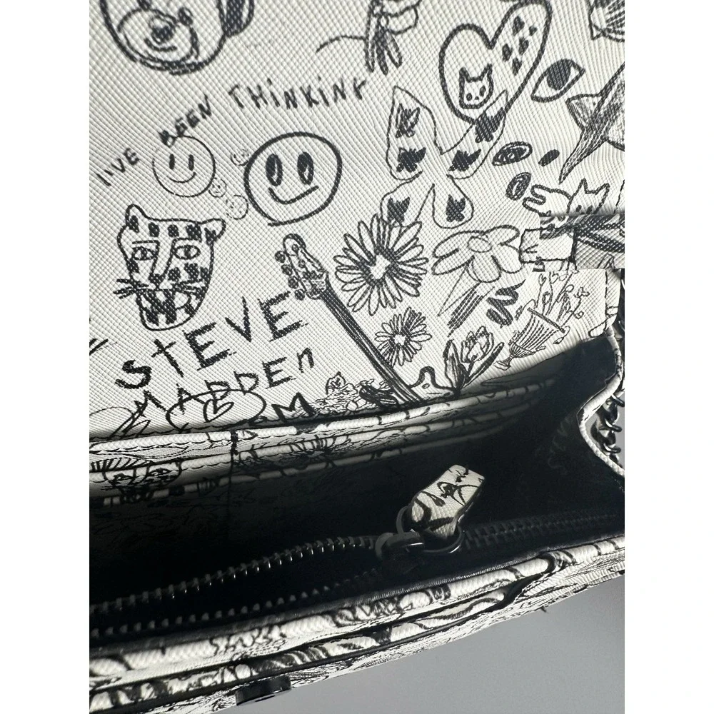 Steve Madden Blynn Doodle Print Crossbody Bag White Black Pink Charm NWT